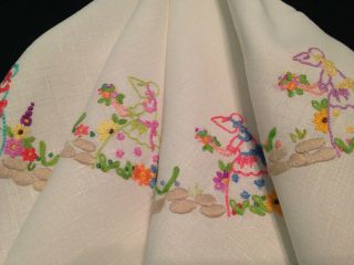 VINTAGE HAND EMBROIDERED TABLECLOTH CRINOLINE LADIES & COTTAGE GARDEN FLOWERS 8