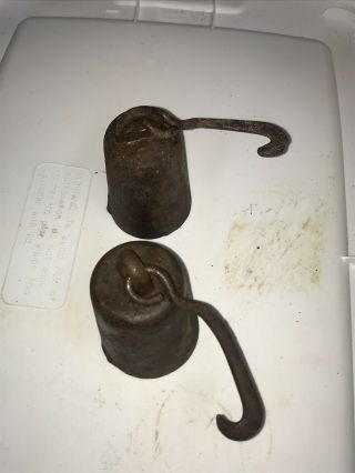 Set Of Two Antique Vintage Heavy Metal Cast Iron Hanging Scale Weights Hooks