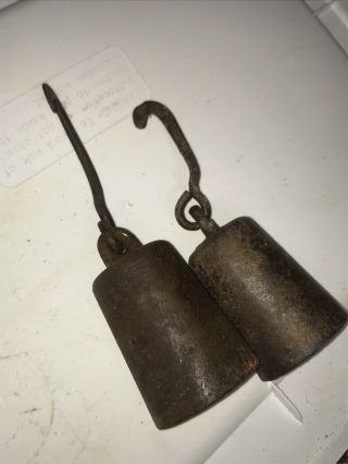 Set Of Two Antique Vintage Heavy Metal Cast Iron Hanging Scale Weights Hooks 4
