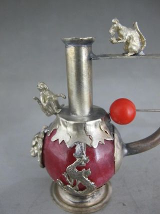 EXQUISITE CHINESE SILVER COPPER INLAID JADE HANDMADE MONKEY SMOKING TOOL 3