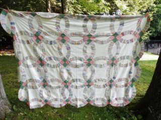 Lovely Vintage Antique Hand Sewn Quilt Top 70 X 85 Wedding Ring Pink & Green