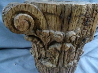RARE 17TH CENTURY OAK CARVED COLUMN TOP,  CARVED WITH LARGE LEAVES 6