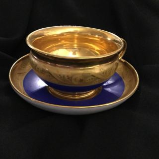 Antique French Porcelain Cup & Saucer Gold - Blue Color From 19 Century.
