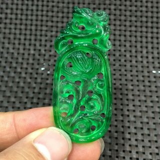 Rare Handwork Green Ice Jadeite Jade Hollow Out Chinese Lotus & Dragon Pendant