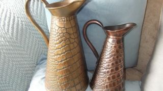 Vintage Arts And Crafts Copper And Brass Jugs Lizard Pattern