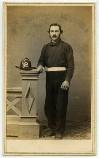 Cdv Of A Gentleman Standing Dressed In Black With Firefighter Hat By Landon,  Ct