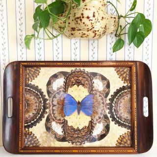 Brilliant Blue Vintage Butterfly Wing Mosaic Wooden Inlay Tray 20” X 13”
