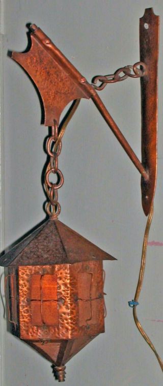 Vintage Arts Crafts Hammered Copper Lantern Chain Bracket Mesh Panels Monowatt