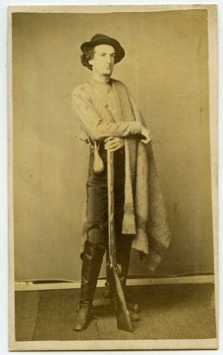Cdv Of A Hunter Posed With Rifle,  Duck Caller,  And Blanket