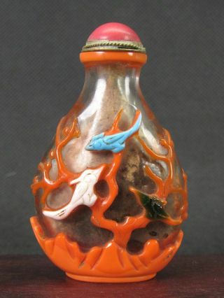 1970s Chinese Flower Bird Carved Peking Overlay Glass Snuff Bottle
