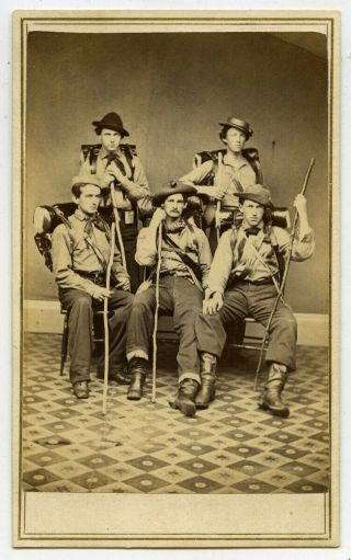 Cdv Of Five Men,  Scouts/adventurers Posed Together Outfitted In Supplies