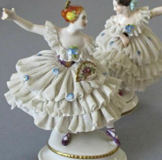 2 Antique Dresden Porcelain Lace Figurines Young Ballerinas Flowers Volkstedt