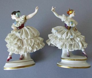 2 Antique DRESDEN Porcelain LACE Figurines Young BALLERINAS Flowers VOLKSTEDT 2