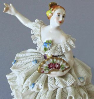 2 Antique DRESDEN Porcelain LACE Figurines Young BALLERINAS Flowers VOLKSTEDT 3
