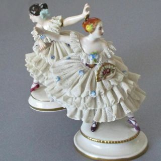 2 Antique DRESDEN Porcelain LACE Figurines Young BALLERINAS Flowers VOLKSTEDT 4