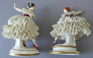 2 Antique DRESDEN Porcelain LACE Figurines Young BALLERINAS Flowers VOLKSTEDT 5