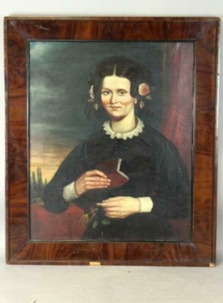 A Great Early 19th C Oil On Canvas Portrait Of A Woman In Black Dress With Book