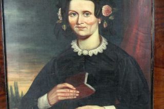 A GREAT EARLY 19TH C OIL ON CANVAS PORTRAIT OF A WOMAN IN BLACK DRESS WITH BOOK 5
