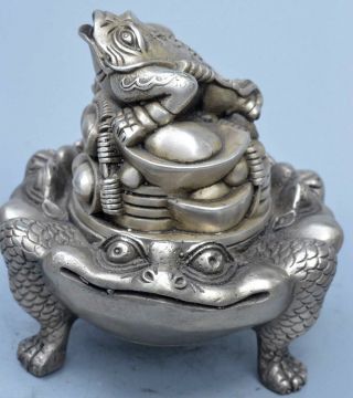 Collectable Antique Tibet Miao Silver Carve Frog Prince Hold Toad Incense Burner