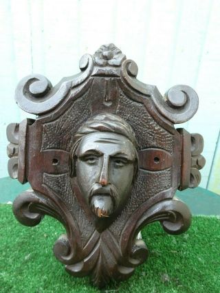 19th C.  Black Forest Wooden Mahogany Corbel,  Carving Of Males Head C1880s