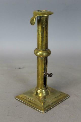 Rare 18th C Queen Anne Period Brass Candlestick With Wedding Band Decoration
