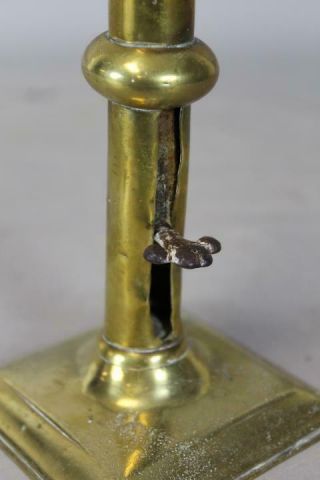 RARE 18TH C QUEEN ANNE PERIOD BRASS CANDLESTICK WITH WEDDING BAND DECORATION 2