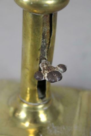 RARE 18TH C QUEEN ANNE PERIOD BRASS CANDLESTICK WITH WEDDING BAND DECORATION 6