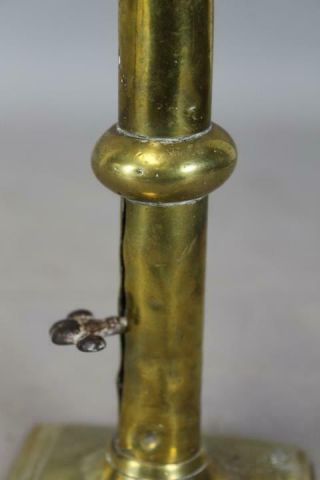 RARE 18TH C QUEEN ANNE PERIOD BRASS CANDLESTICK WITH WEDDING BAND DECORATION 8