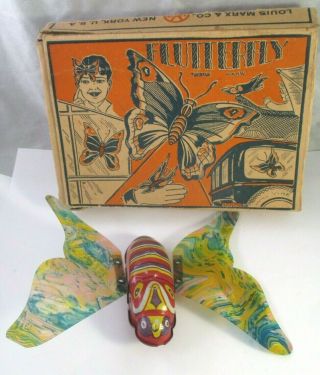 Rare Vtg Marx Flutterfly Wind Up Tin Litho Celluloid Butterfly Orig Box