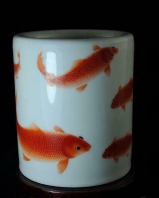 Chinese Old Hand - Made Pastel Porcelain Hand Painted Goldfish Brush Pot B02