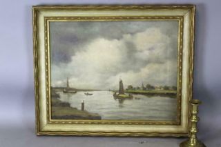 Late 19th C Oil Painting Of A Shore Scene Boat Long Island Or Kip 