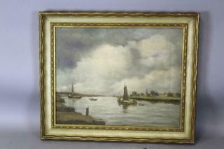 LATE 19TH C OIL PAINTING OF A SHORE SCENE BOAT LONG ISLAND OR KIP ' S BAY NY 2
