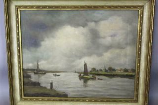 LATE 19TH C OIL PAINTING OF A SHORE SCENE BOAT LONG ISLAND OR KIP ' S BAY NY 3