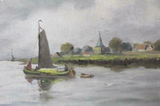 LATE 19TH C OIL PAINTING OF A SHORE SCENE BOAT LONG ISLAND OR KIP ' S BAY NY 4