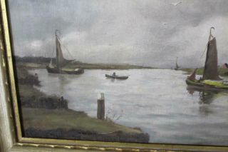 LATE 19TH C OIL PAINTING OF A SHORE SCENE BOAT LONG ISLAND OR KIP ' S BAY NY 6