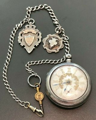 Fusee Pocket Watch Key Set London 1884 Silver Dial Movement 53422 W/ Fob