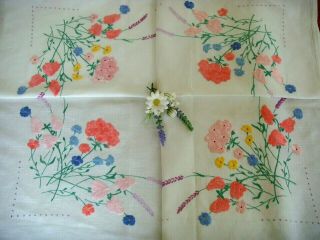 Vintage Hand Embroidered Large Tablecloth Pretty Flowers Sweet Peas Lavender