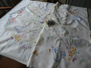 Vintage Hand Embroidered Tablecloth/ Crinoline Ladies