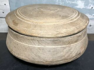 Antique Wooden Treen Lidded Bowl Dish Handmade Patina Aafa Worn Early