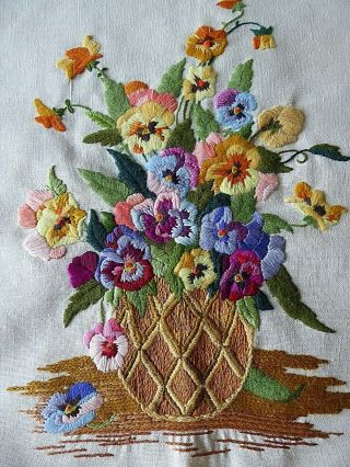 Vintage Hand Embroidered Picture Panel - Exquisite Floral Bouquet