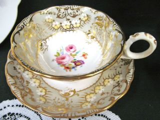 antique 1840 ' s DAVENPORT tea cup and saucer painted rose floral teacup set 4