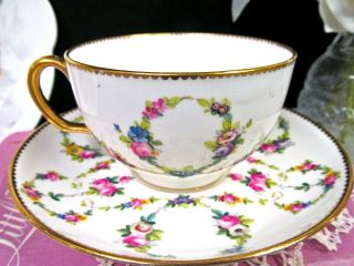 Antique English Porcelain Minton Tea Cup And Saucer Painted Rose Swag Teacup