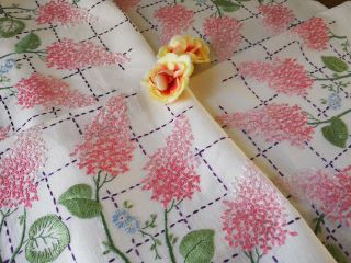 Vtg Hand Embroidered Irish Linen Tablecloth Pink Lilacs