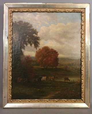 Antique 19thc Victorian Pastoral Cows Old River Valley Landscape Oil Painting
