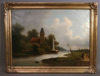 19thc Antique Victorian Era Old Church Boat River Valley Oil Landscape Painting