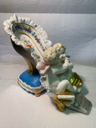 Antique 19th C Meissen Porcelain Figurine Of 2 Cherubs in a high heel Shoe 8