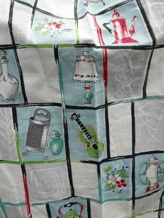 VINTAGE FABRIC 1950s CURTAINS COTTON PRINT CHICKENS GUITARS CLOCKS COLLECTOR 2
