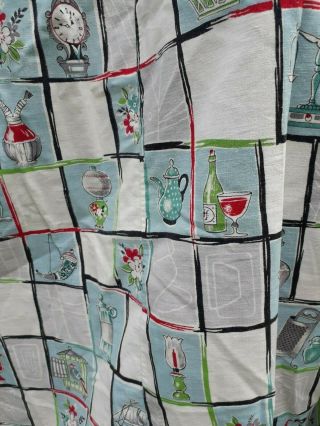 VINTAGE FABRIC 1950s CURTAINS COTTON PRINT CHICKENS GUITARS CLOCKS COLLECTOR 3