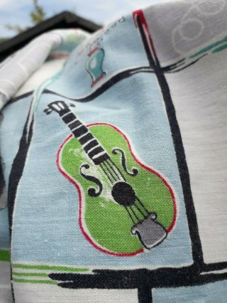 VINTAGE FABRIC 1950s CURTAINS COTTON PRINT CHICKENS GUITARS CLOCKS COLLECTOR 5