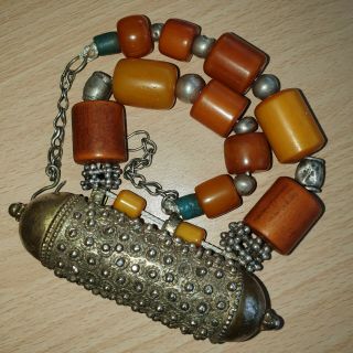 35 Old Rare Antique Islamic Yemeni Sliver Necklace With Amber Bakelite Beads